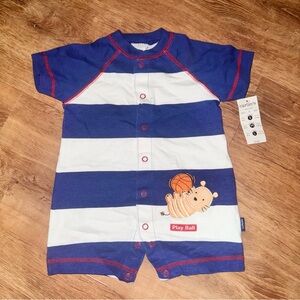 NWT Carter's Baby Boy 3-6 Months Blue White Striped Hippo Basketball Romper